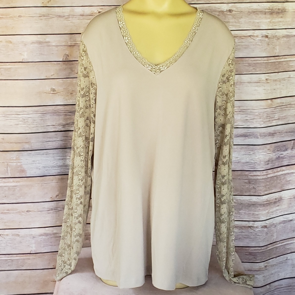 Nude V-Neck Blouse With Lace Sleeves